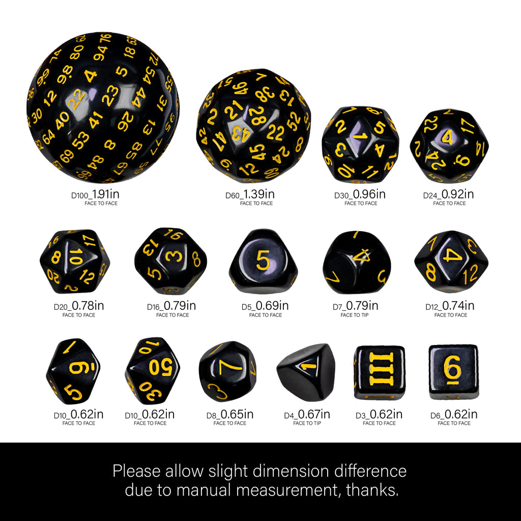 15-Piece Polyhedral DND Dice Set D3 to D100 - Black with Yellow Numbers, Includes Dragon Eye Dice Bag