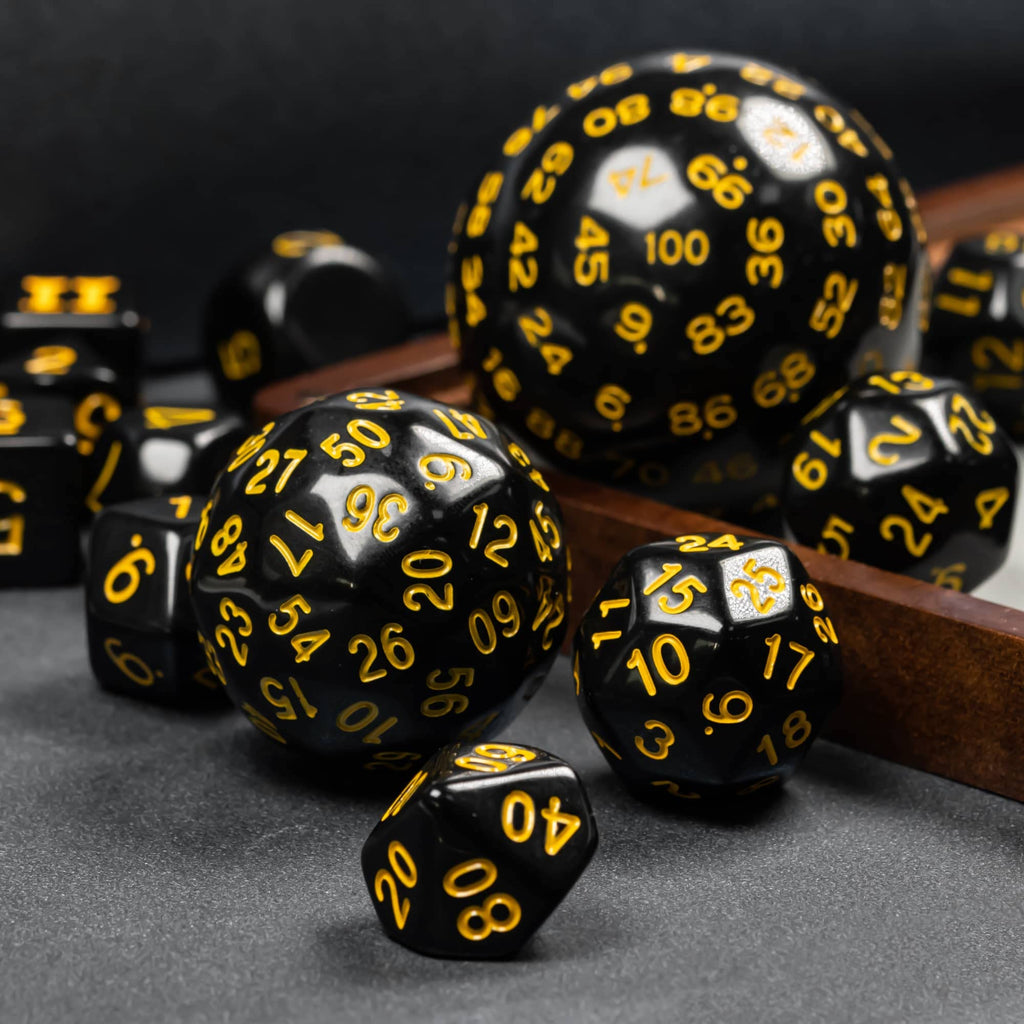 15-Piece Polyhedral DND Dice Set D3 to D100 - Black with Yellow Numbers, Includes Dragon Eye Dice Bag