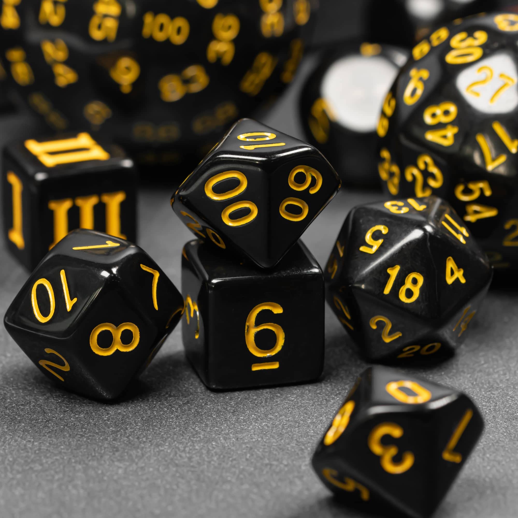 15-Piece Polyhedral DND Dice Set D3 to D100 - Black with Yellow Numbers, Includes Dragon Eye Dice Bag
