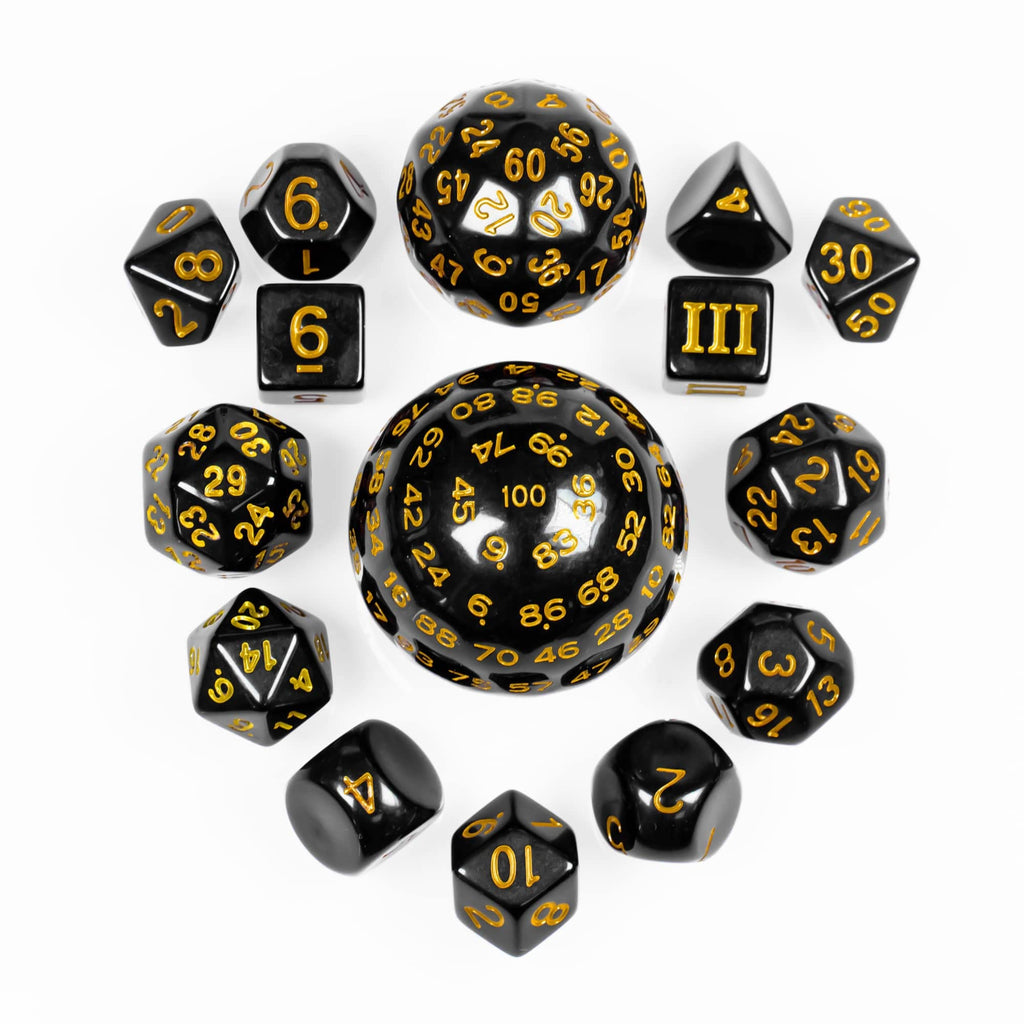15-Piece Polyhedral DND Dice Set D3 to D100 - Black with Yellow Numbers, Includes Dragon Eye Dice Bag