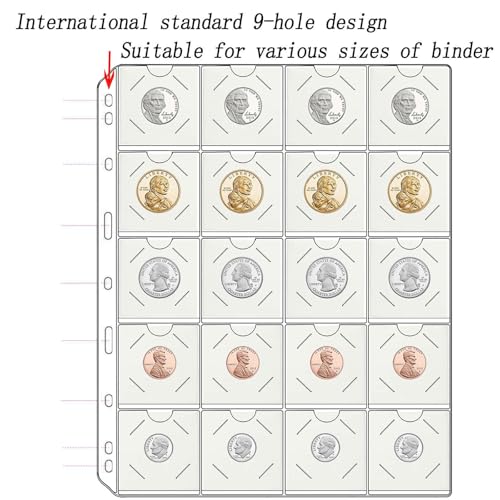 15 Sheets 300 Pockets Coin Pocket Pages for 2x2 Cardboard Coin Flips - Acid-Free PVC, 9-Hole Binder Pages