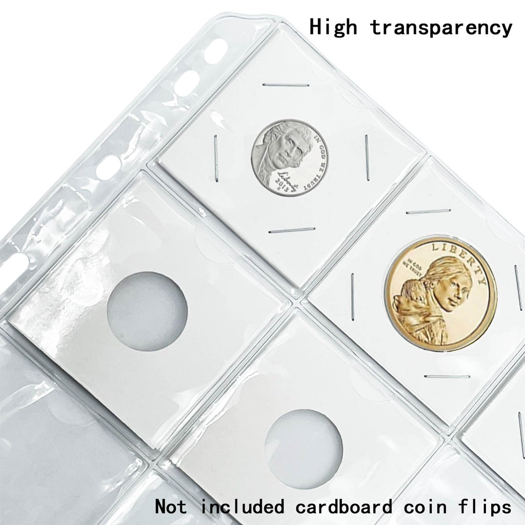 15 Sheets 300 Pockets Coin Pocket Pages for 2x2 Cardboard Coin Flips - Acid-Free PVC, 9-Hole Binder Pages