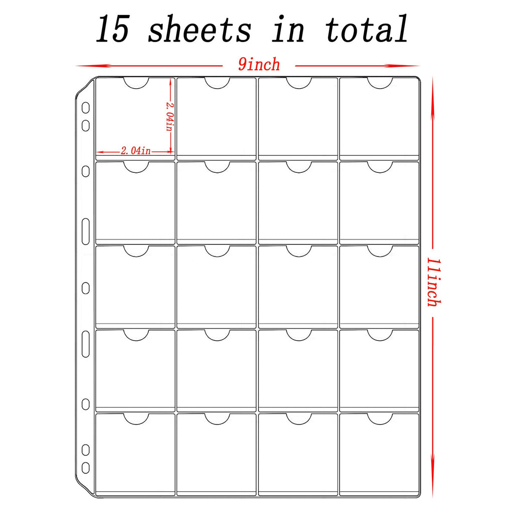 15 Sheets 300 Pockets Coin Pocket Pages for 2x2 Cardboard Coin Flips - Acid-Free PVC, 9-Hole Binder Pages