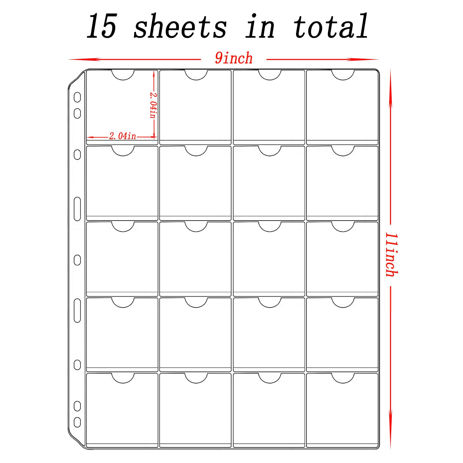 15 Sheets 300 Pockets Coin Pocket Pages for 2x2 Cardboard Coin Flips - Acid-Free PVC, 9-Hole Binder Pages
