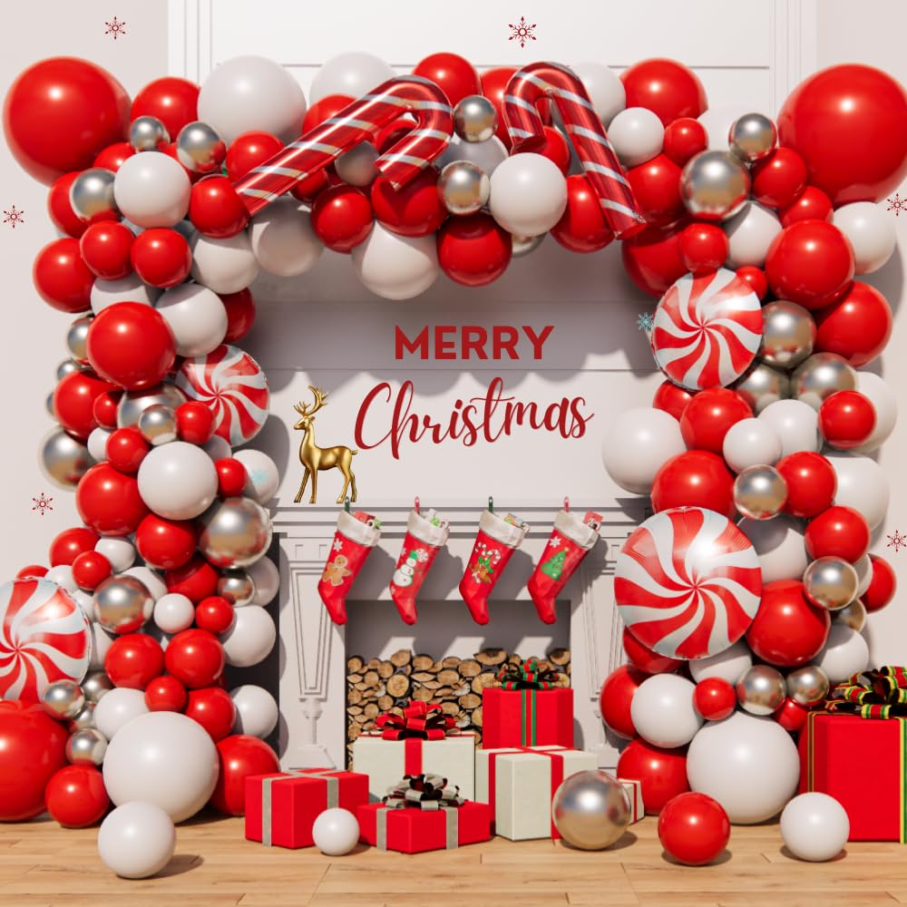 150-Piece Christmas Balloon Arch Garland Kit in Red, White, and Gold with Candy Cane Foil Balloons – Beaumode