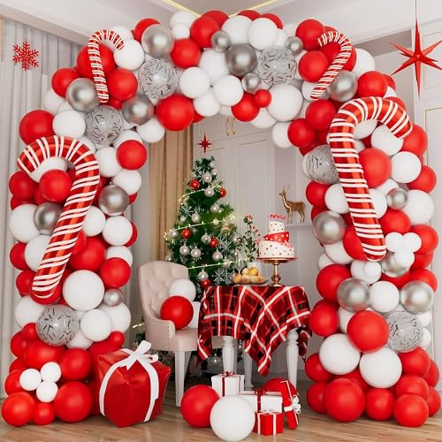 150-Piece Christmas Balloon Arch Garland Kit in Red, White, and Gold with Candy Cane Foil Balloons – Beaumode