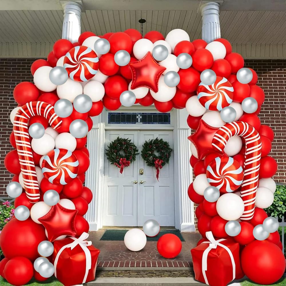 150-Piece Christmas Balloon Arch Garland Kit in Red, White, and Gold with Candy Cane Foil Balloons – Beaumode