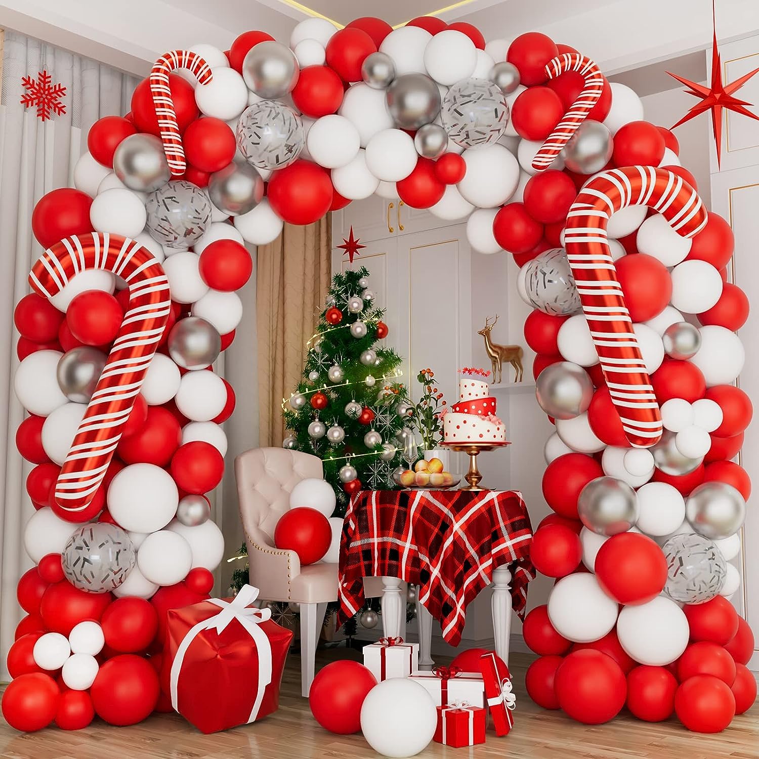 150-Piece Christmas Balloon Arch Garland Kit in Red, White, and Gold with Candy Cane Foil Balloons – Beaumode