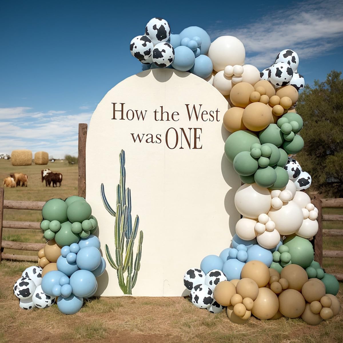 153-Piece Green Cow Balloon Arch Kit - Sage Green, Blue, Brown, and Cow Print Balloons for Farm Western Birthday Decor