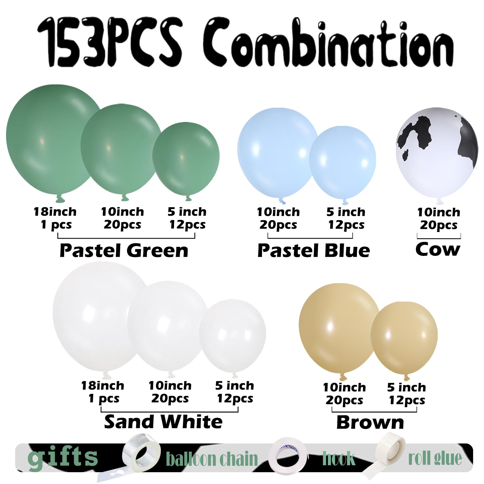 153-Piece Green Cow Balloon Arch Kit - Sage Green, Blue, Brown, and Cow Print Balloons for Farm Western Birthday Decor