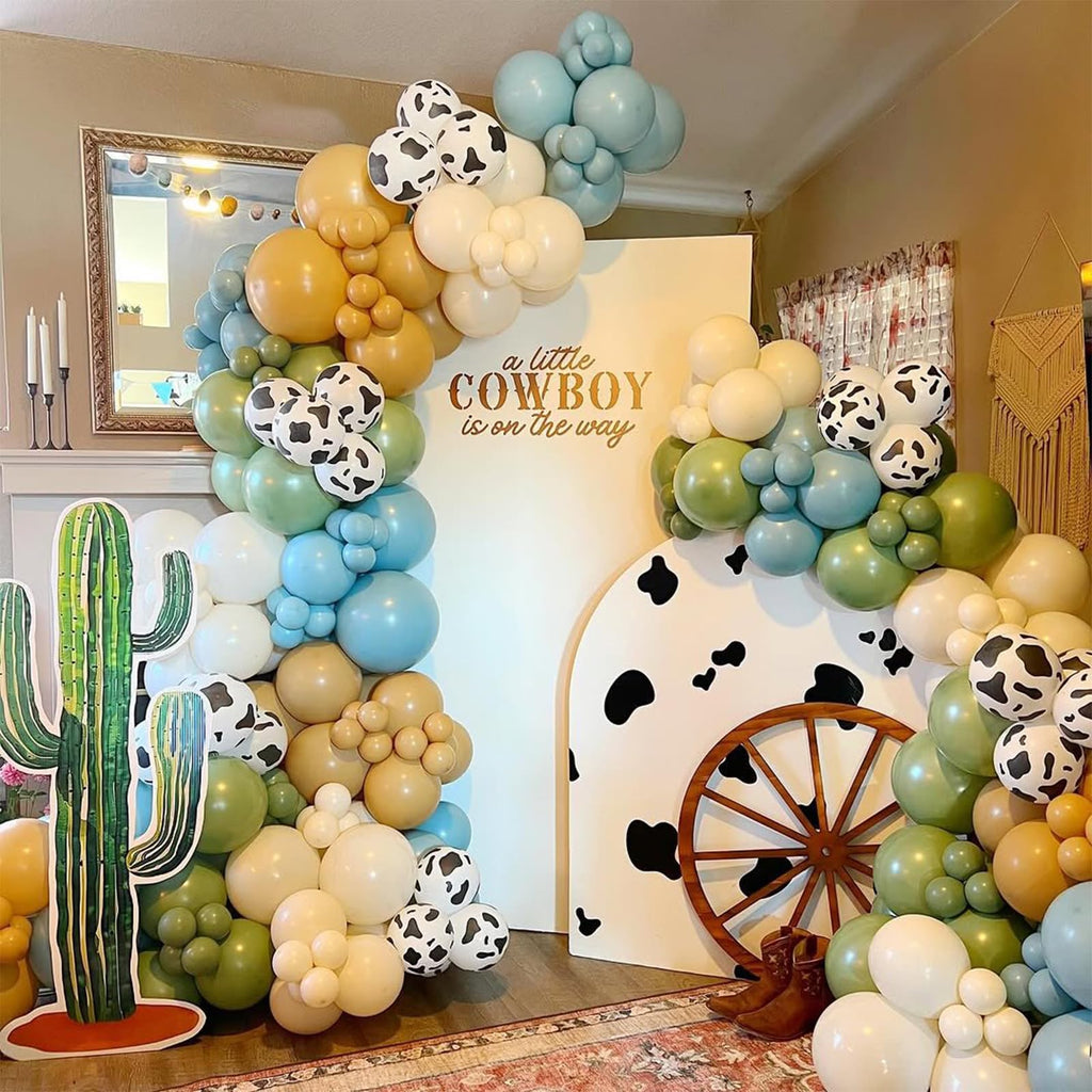 153-Piece Green Cow Balloon Arch Kit - Sage Green, Blue, Brown, and Cow Print Balloons for Farm Western Birthday Decor