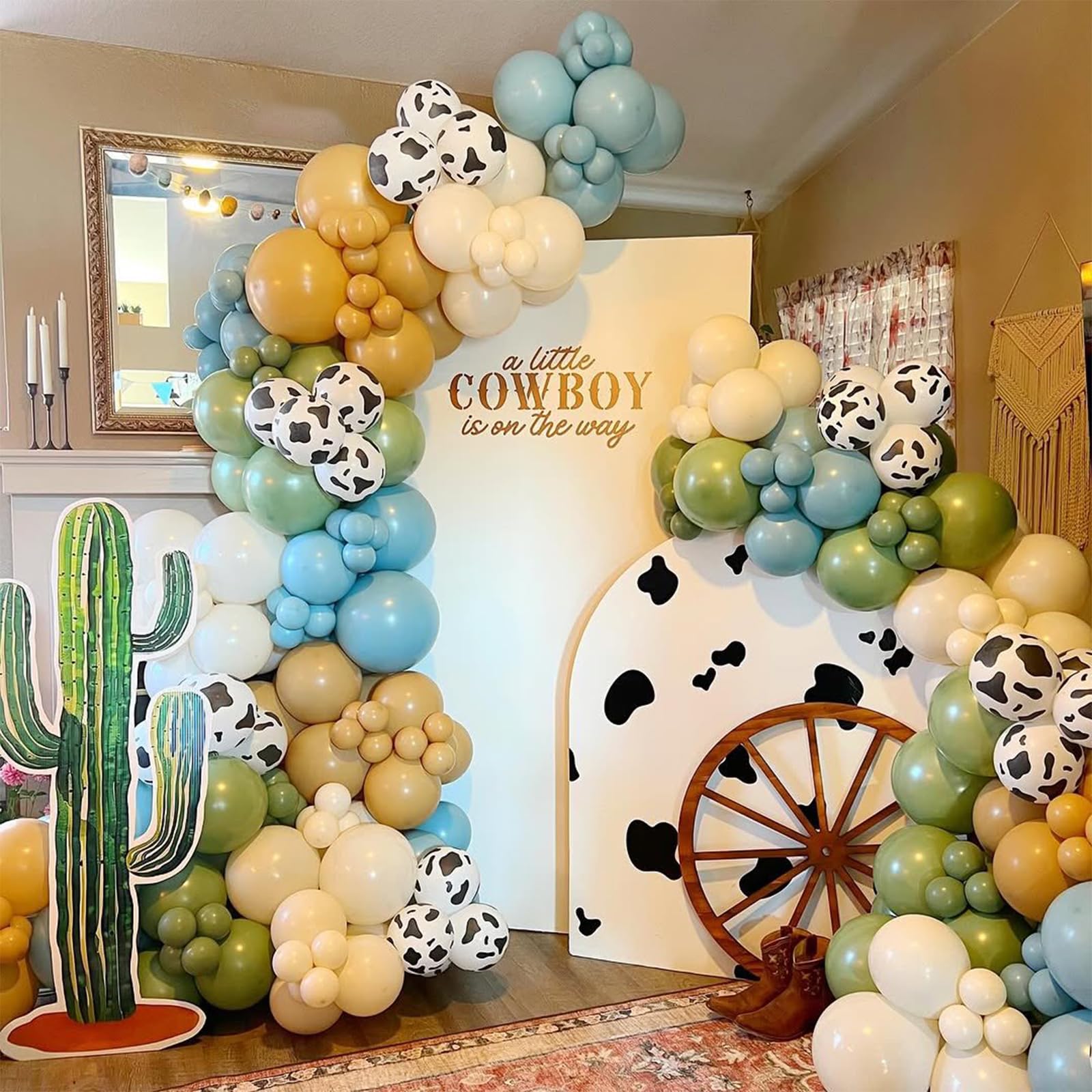 153-Piece Green Cow Balloon Arch Kit - Sage Green, Blue, Brown, and Cow Print Balloons for Farm Western Birthday Decor