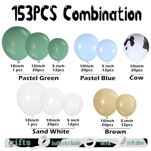 153-Piece Green Cow Balloon Arch Kit - Sage Green, Blue, Brown, and Cow Print Balloons for Farm Western Birthday Decor