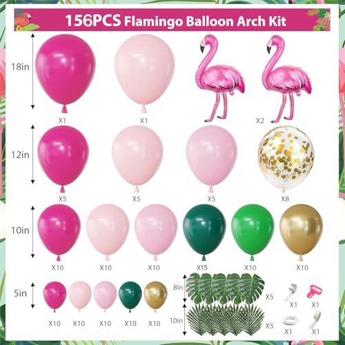 156-Piece Tropical Flamingo Balloon Arch Garland Kit – Hot Pink, Dark Green, Gold Confetti, Palm Leaves for Luau Beach Birthday Party Décor
