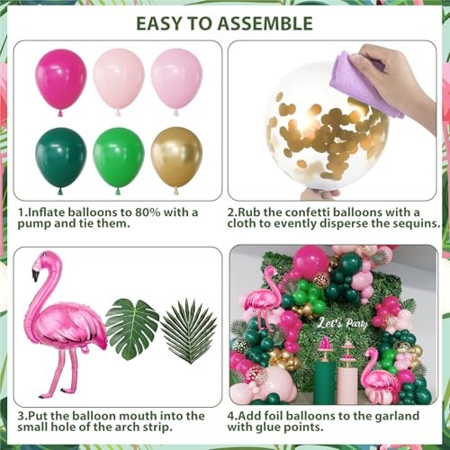 156-Piece Tropical Flamingo Balloon Arch Garland Kit – Hot Pink, Dark Green, Gold Confetti, Palm Leaves for Luau Beach Birthday Party Décor