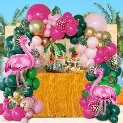 156-Piece Tropical Flamingo Balloon Arch Garland Kit – Hot Pink, Dark Green, Gold Confetti, Palm Leaves for Luau Beach Birthday Party Décor