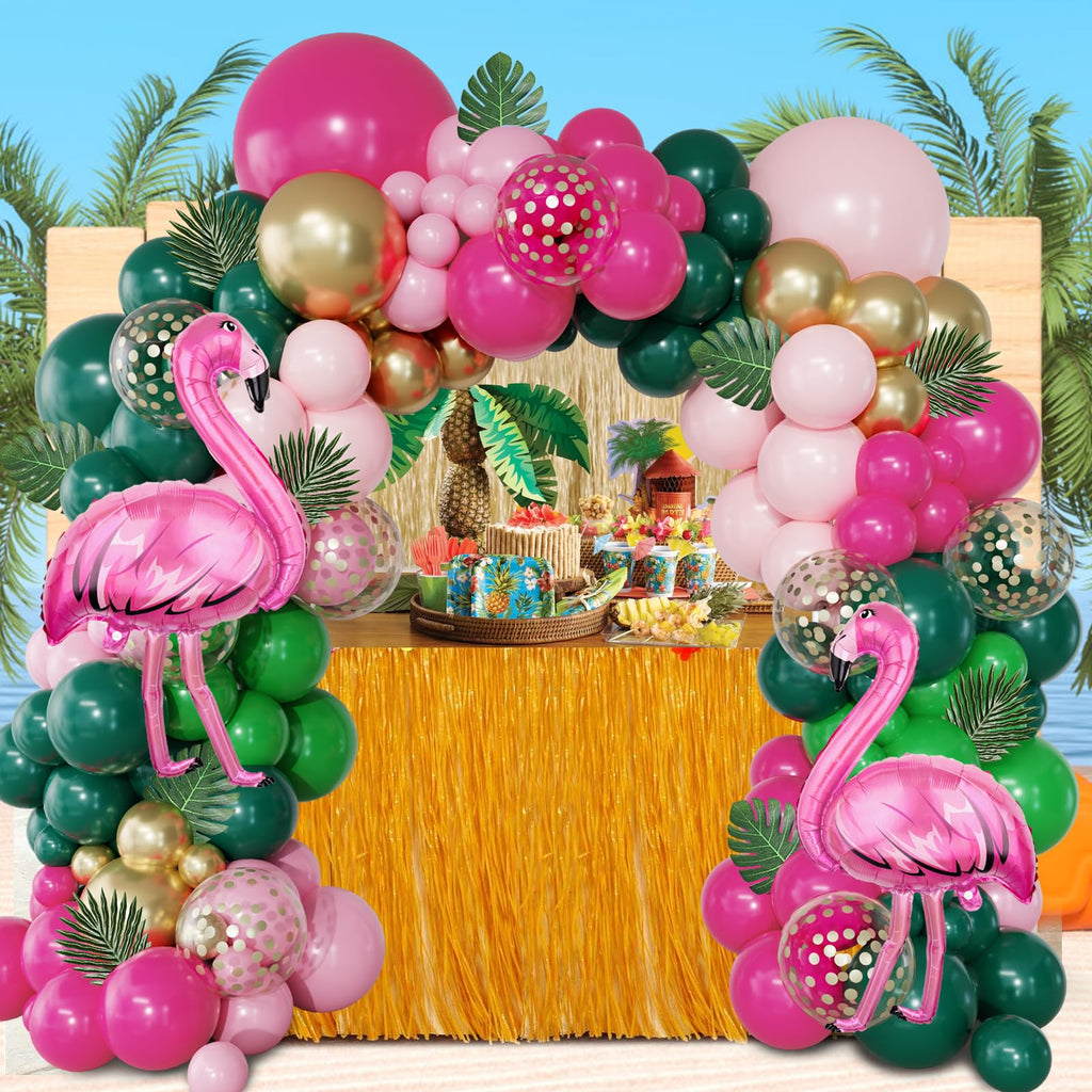 156-Piece Tropical Flamingo Balloon Arch Garland Kit – Hot Pink, Dark Green, Gold Confetti, Palm Leaves for Luau Beach Birthday Party Décor