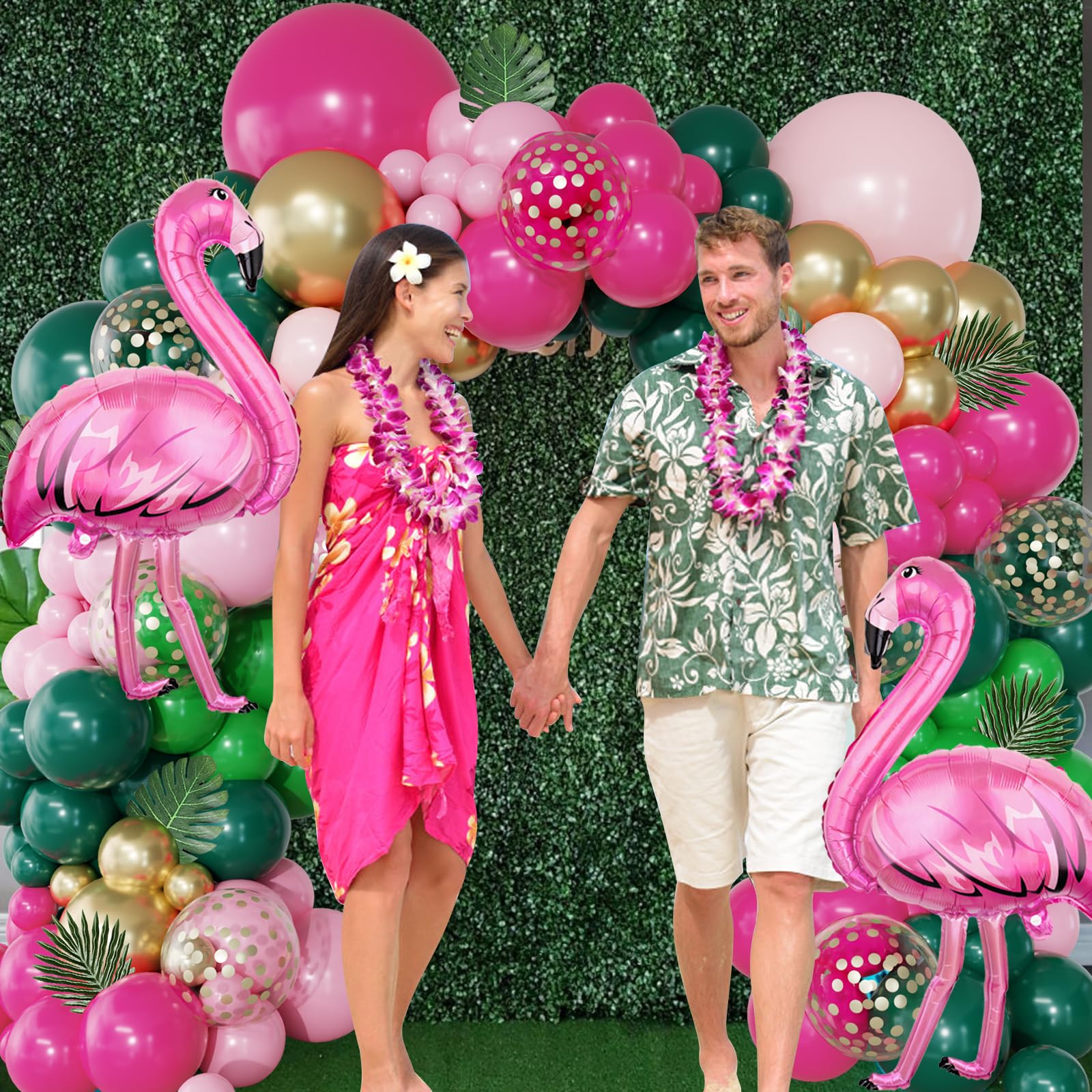 156-Piece Tropical Flamingo Balloon Arch Garland Kit – Hot Pink, Dark Green, Gold Confetti, Palm Leaves for Luau Beach Birthday Party Décor