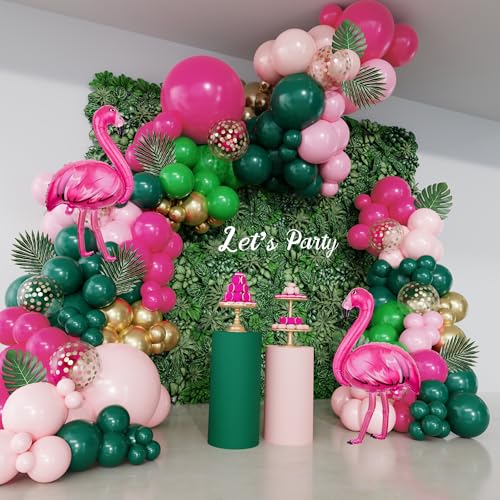 156-Piece Tropical Flamingo Balloon Arch Garland Kit – Hot Pink, Dark Green, Gold Confetti, Palm Leaves for Luau Beach Birthday Party Décor