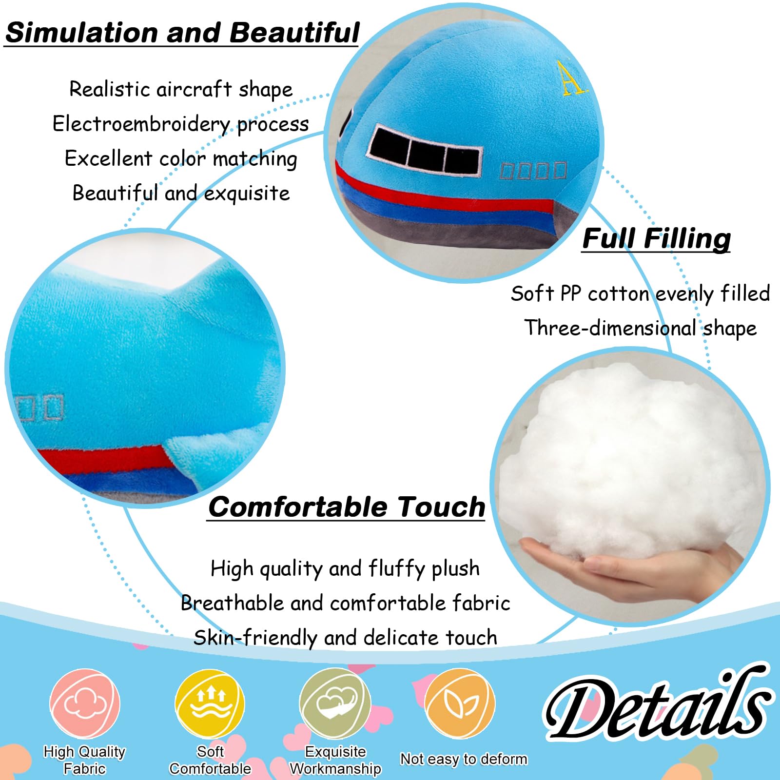 15.7 Inch Blue Airplane Plush Toy – Soft PP Cotton Stuffed Aircraft Pillow for Kids and Aviation Fans