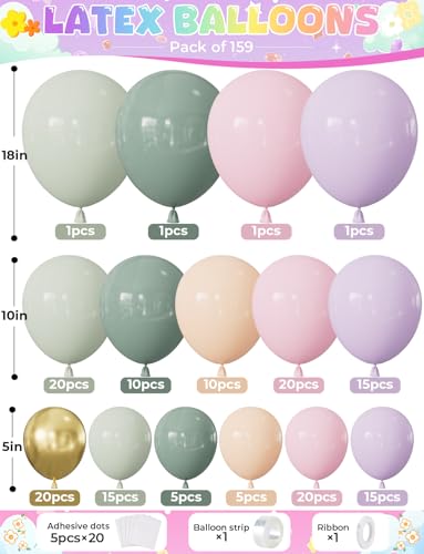 159Pcs Pastel Balloon Arch Kit – Fairy Birthday, Baby Shower & Garden Party Decor with 7 Colors, 5-18 inch Balloons, DIY Garland Supplies