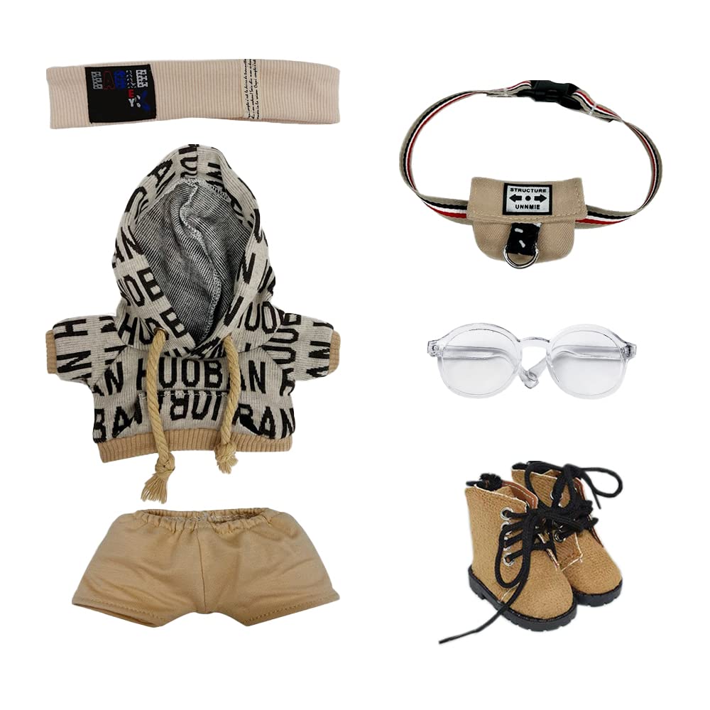 15cm Plush Doll Clothes Set - Brown Hip-Hop Outfit with Hoodie, Pants, Backpack & Glasses for 6-Inch Dolls