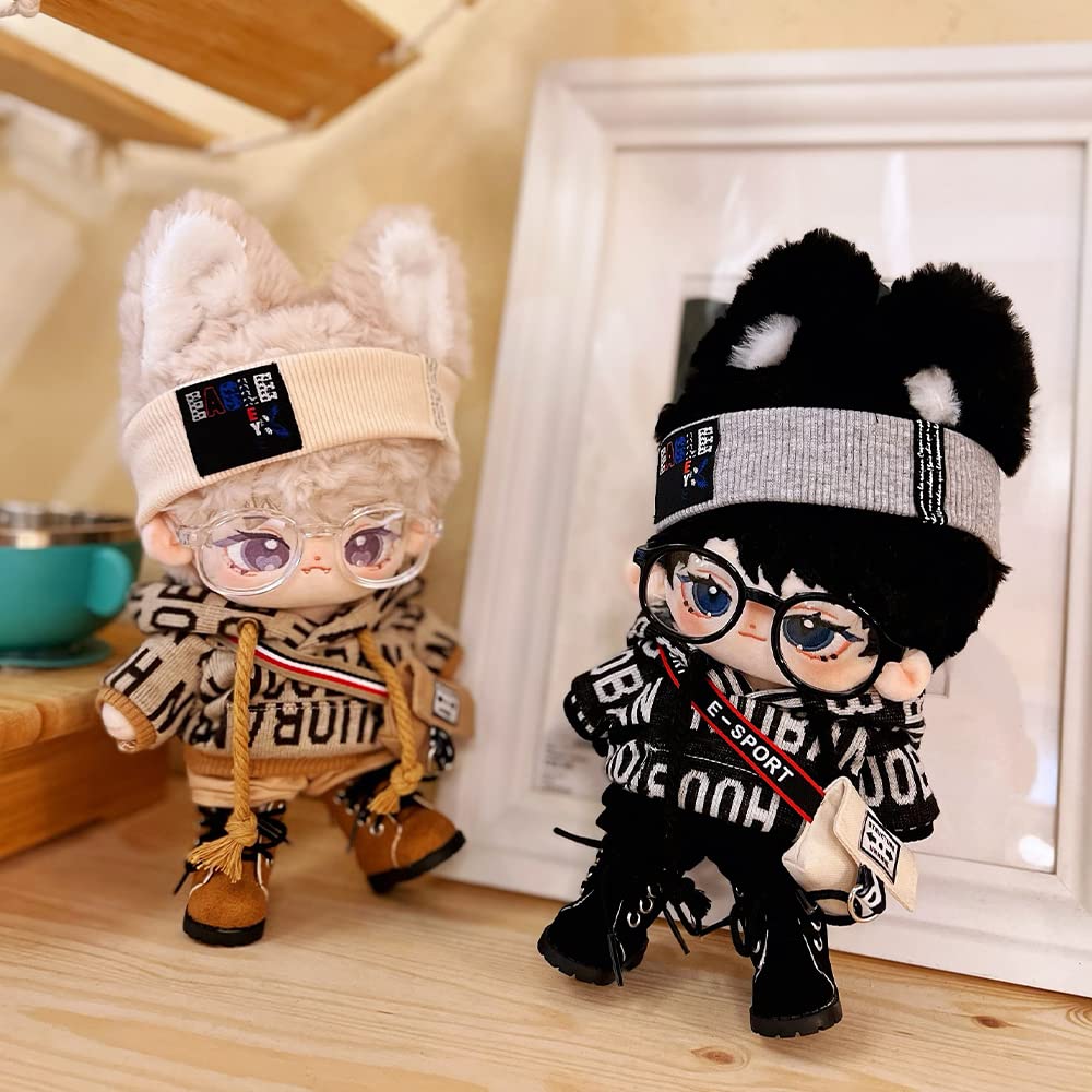 15cm Plush Doll Clothes Set - Brown Hip-Hop Outfit with Hoodie, Pants, Backpack & Glasses for 6-Inch Dolls