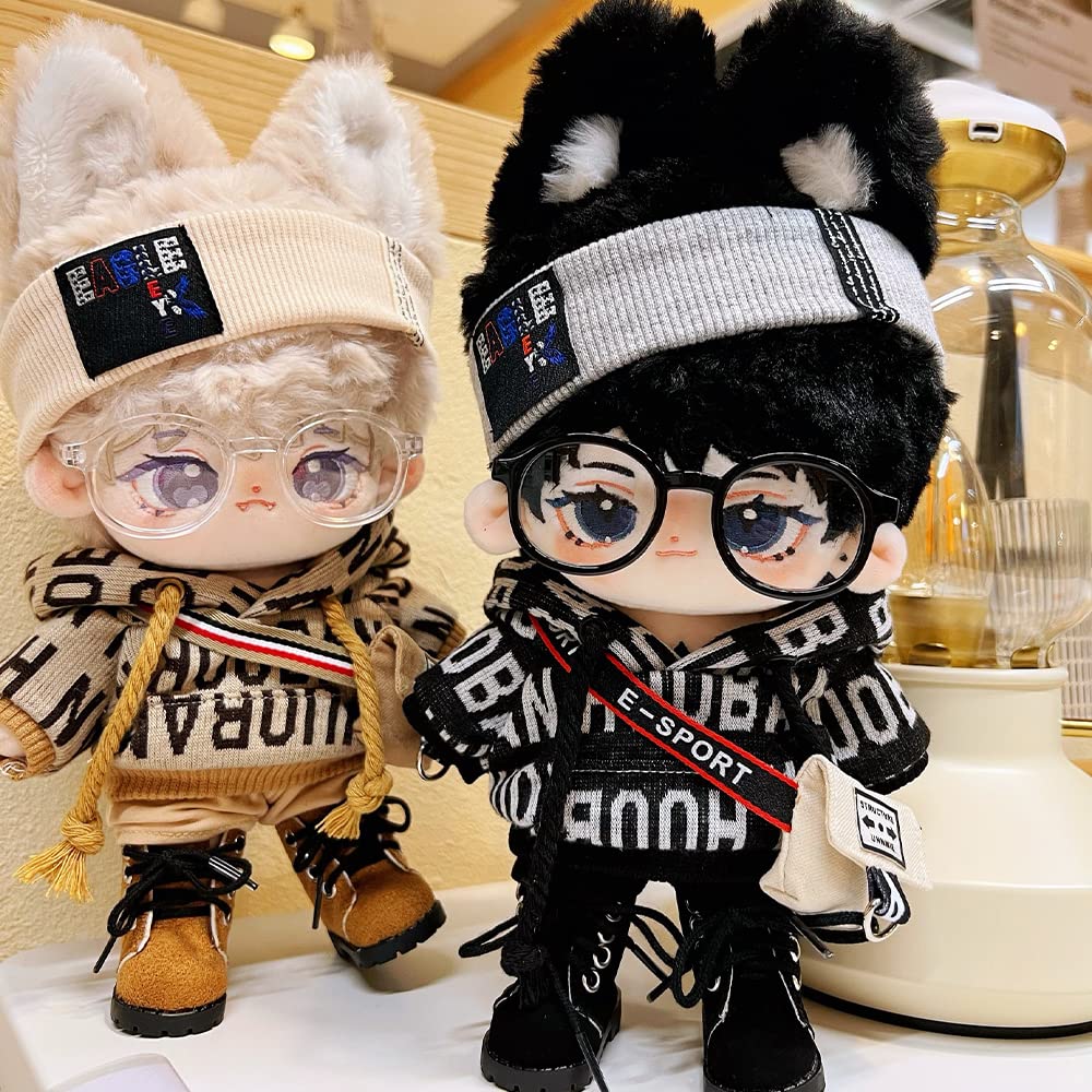 15cm Plush Doll Clothes Set - Brown Hip-Hop Outfit with Hoodie, Pants, Backpack & Glasses for 6-Inch Dolls