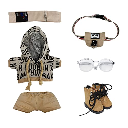 15cm Plush Doll Clothes Set - Brown Hip-Hop Outfit with Hoodie, Pants, Backpack & Glasses for 6-Inch Dolls