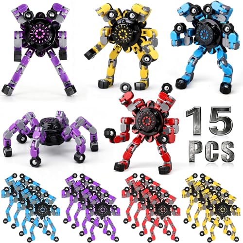 15PCS Transformable Robot Fidget Spinner Set - Stretchy Deformable Sensory Toy for Kids & Adults