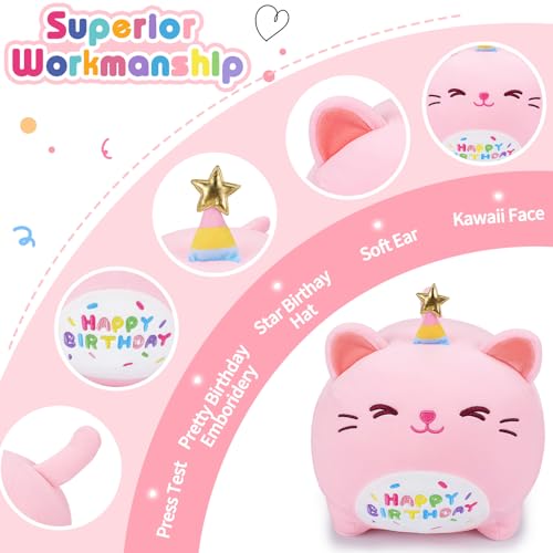 16-Inch Pink Birthday Cat Plush Pillow - Kawaii Stuffed Animal with Star Hat, Soft Gift for Girlfriend or Kids