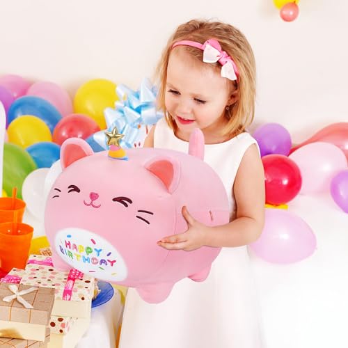 16-Inch Pink Birthday Cat Plush Pillow - Kawaii Stuffed Animal with Star Hat, Soft Gift for Girlfriend or Kids