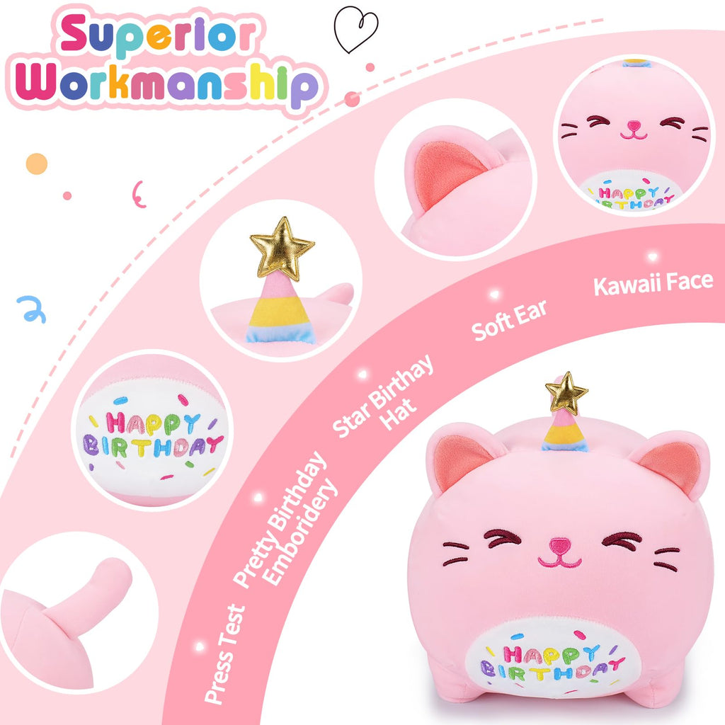 16-Inch Pink Birthday Cat Plush Pillow - Kawaii Stuffed Animal with Star Hat, Soft Gift for Girlfriend or Kids