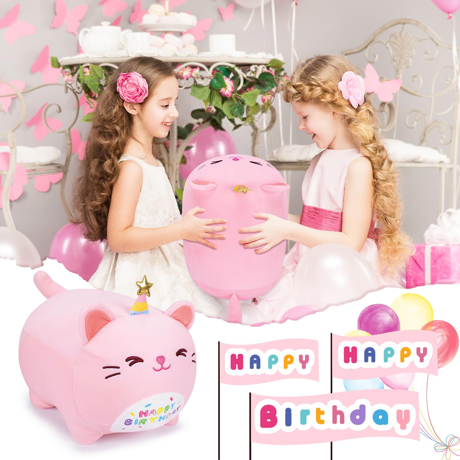 16-Inch Pink Birthday Cat Plush Pillow - Kawaii Stuffed Animal with Star Hat, Soft Gift for Girlfriend or Kids