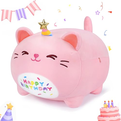 16-Inch Pink Birthday Cat Plush Pillow - Kawaii Stuffed Animal with Star Hat, Soft Gift for Girlfriend or Kids