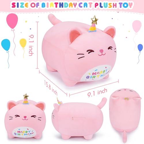 16-Inch Pink Birthday Cat Plush Pillow - Kawaii Stuffed Animal with Star Hat, Soft Gift for Girlfriend or Kids