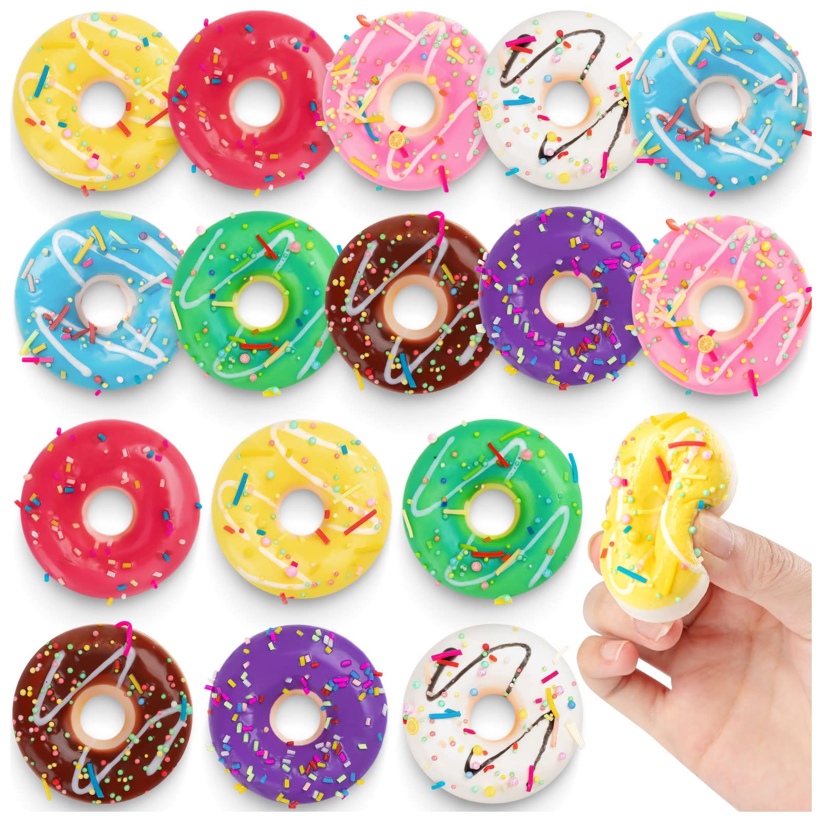 16-Pack Rainbow Donut Stress Balls – Soft PU Foam Squeeze Toys for Stress Relief, Party Favors & Pretend Play