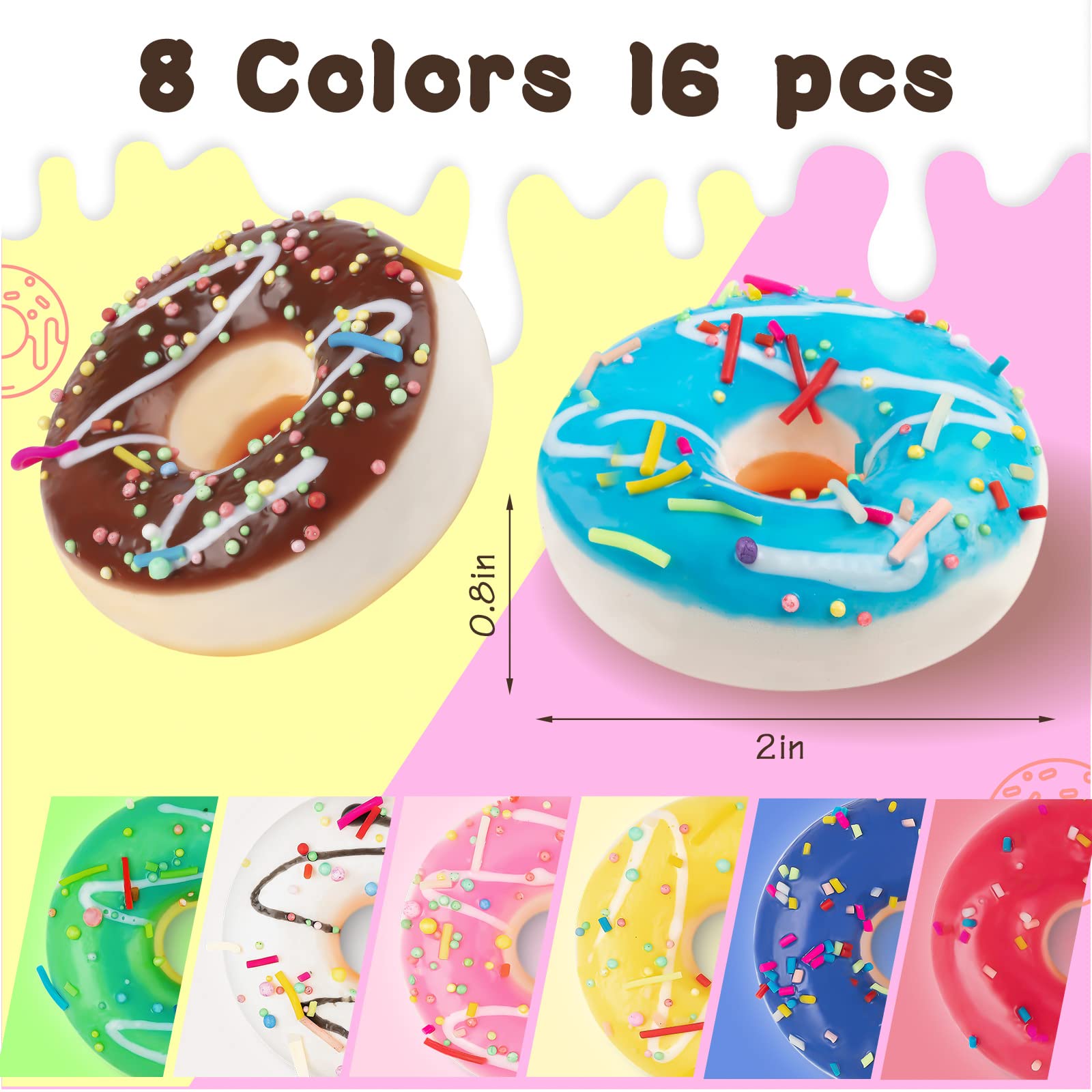 16-Pack Rainbow Donut Stress Balls – Soft PU Foam Squeeze Toys for Stress Relief, Party Favors & Pretend Play