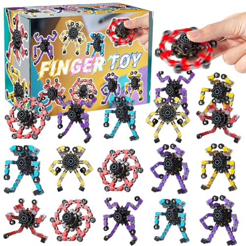 16-Pack Transformable Fidget Spinner Toys – Sensory Stress Relief Chain DIY Robot Set with Gift Box for Kids
