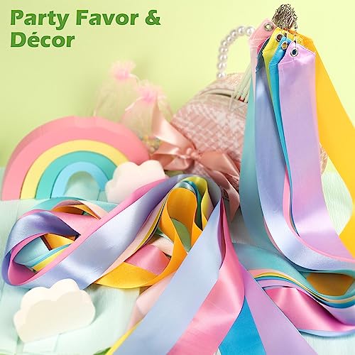 16 Pastel Rainbow Gymnastics Dance Ribbons for Kids Party Favors – 8 Colors, 6.5ft Satin Silk Ribbon Wands
