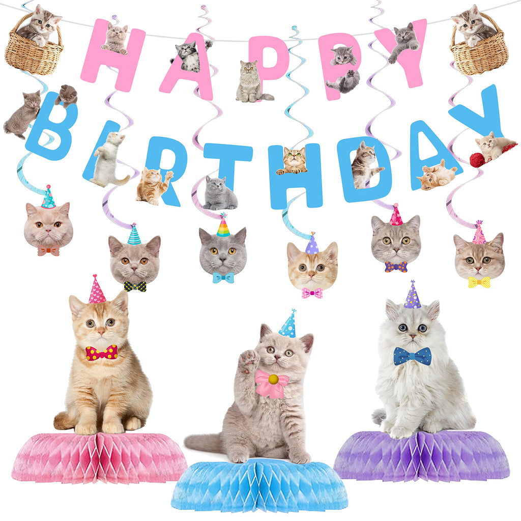 16 Pcs Cat Birthday Party Decorations Set - Banner, Cutouts, Swirls & Centerpieces
