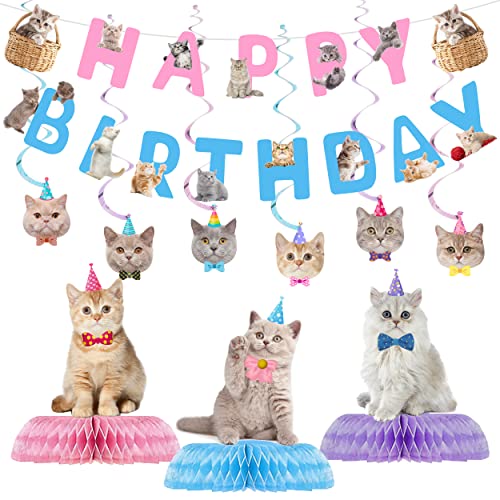16 Pcs Cat Birthday Party Decorations Set - Banner, Cutouts, Swirls & Centerpieces