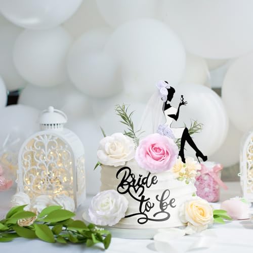 16-Piece Bride to Be Cake Topper Set - Black Acrylic Silhouette with Flowers for Bachelorette Parties, Bridal Showers