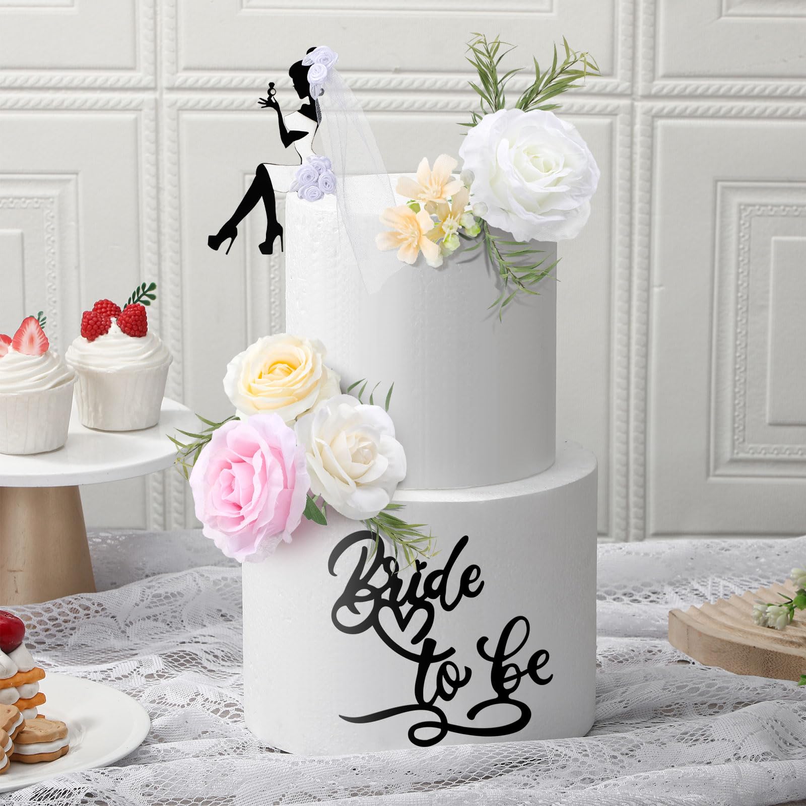 16-Piece Bride to Be Cake Topper Set - Black Acrylic Silhouette with Flowers for Bachelorette Parties, Bridal Showers