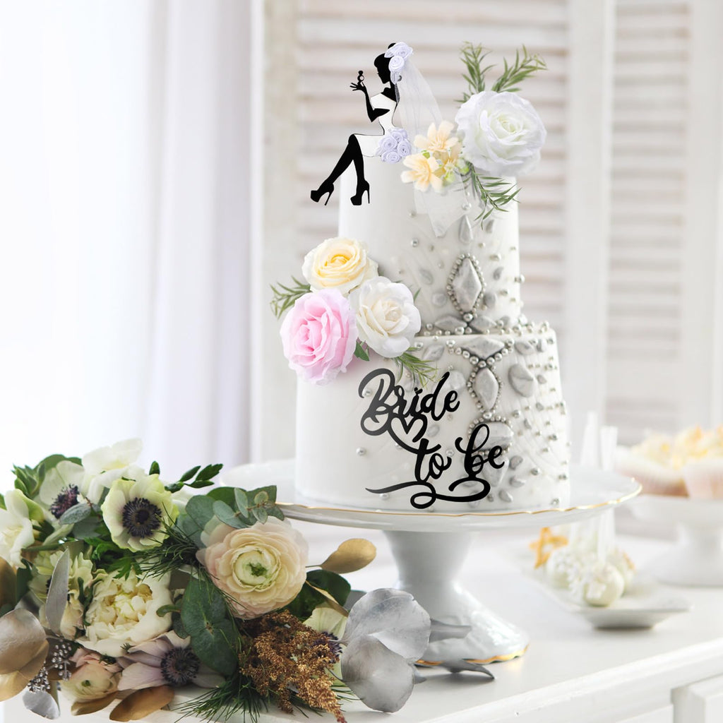 16-Piece Bride to Be Cake Topper Set - Black Acrylic Silhouette with Flowers for Bachelorette Parties, Bridal Showers