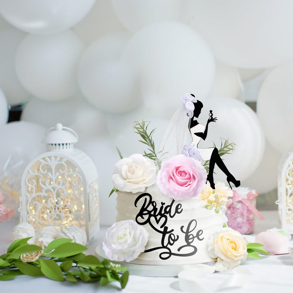 16-Piece Bride to Be Cake Topper Set - Black Acrylic Silhouette with Flowers for Bachelorette Parties, Bridal Showers