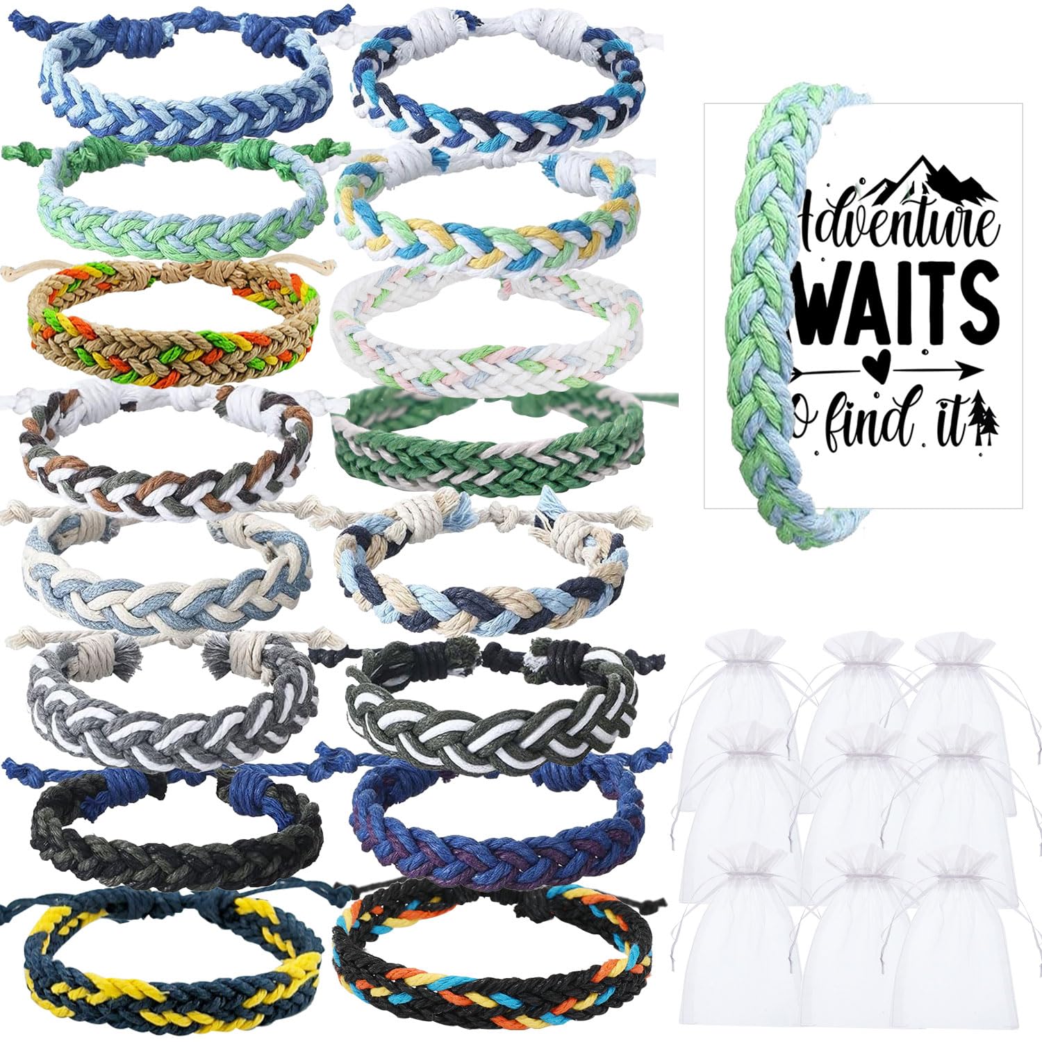 16-Piece Handmade Friendship Bracelet Set – Braided Adjustable Party Favors with Cards
