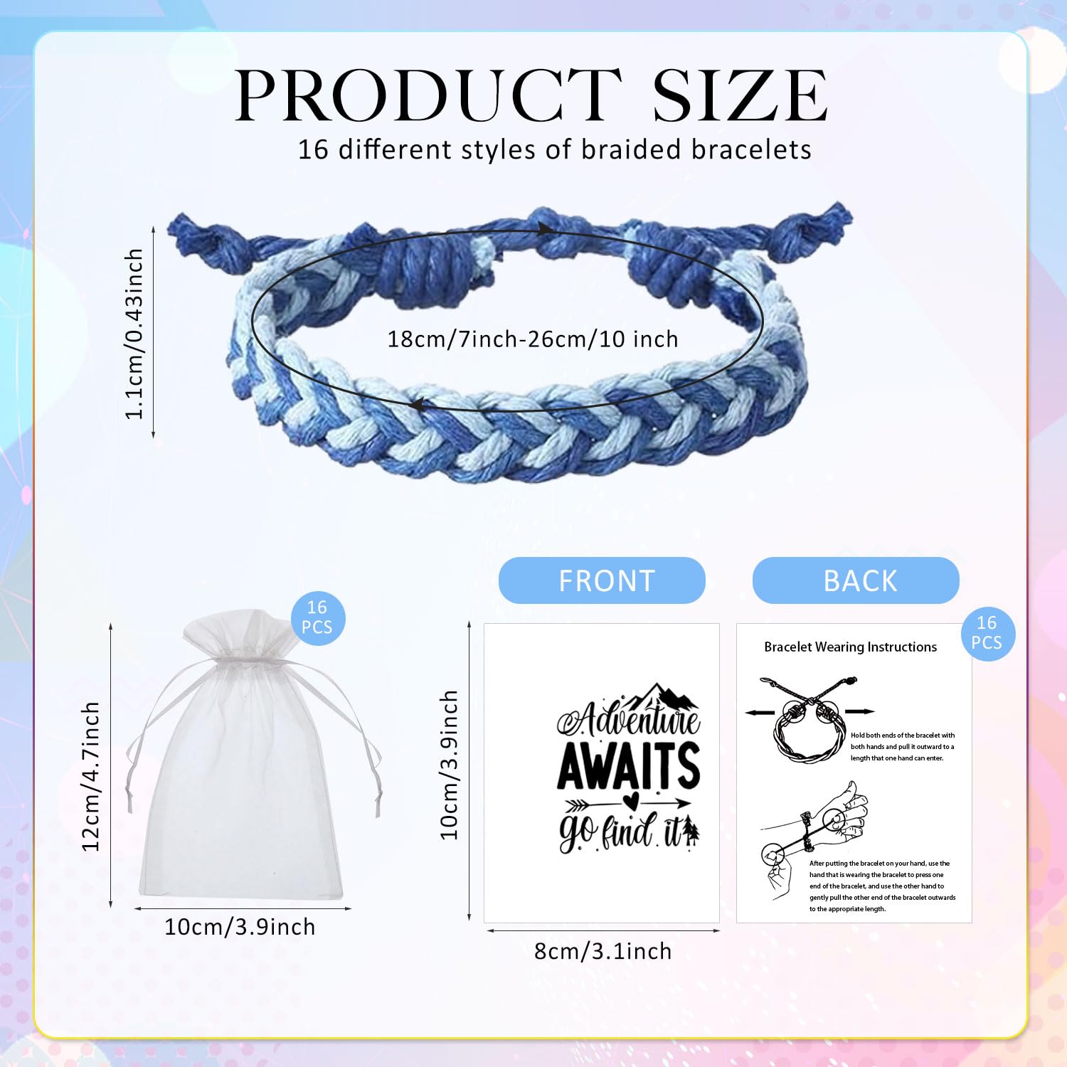 16-Piece Handmade Friendship Bracelet Set – Braided Adjustable Party Favors with Cards