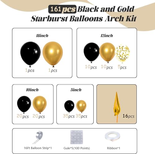 161pc Black and Gold Balloon Garland Arch Kit with Explosion Star Balloons for Anniversary Birthday Graduation Party Decor