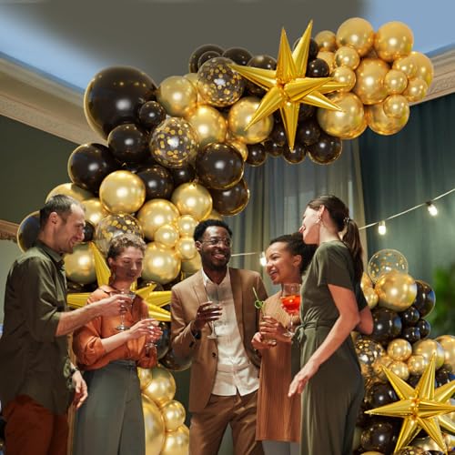 161pc Black and Gold Balloon Garland Arch Kit with Explosion Star Balloons for Anniversary Birthday Graduation Party Decor